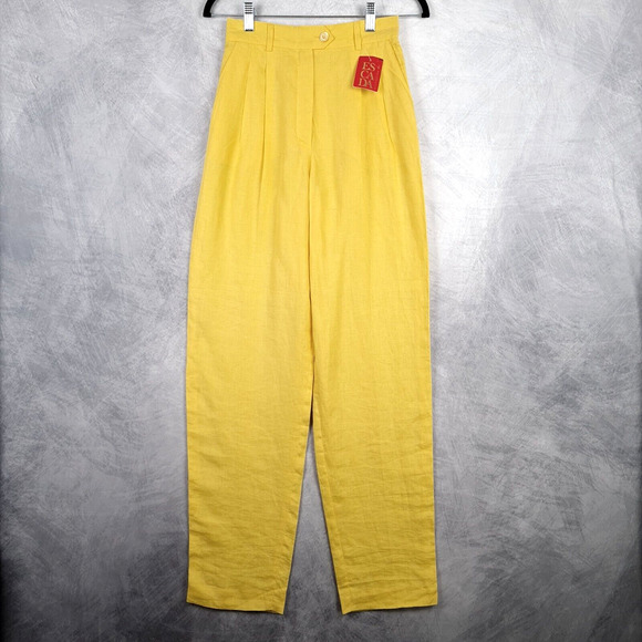Vintage Escada Linen Pants Womens EU 34 Yellow 24" Sky High Waist Pleated Barrel